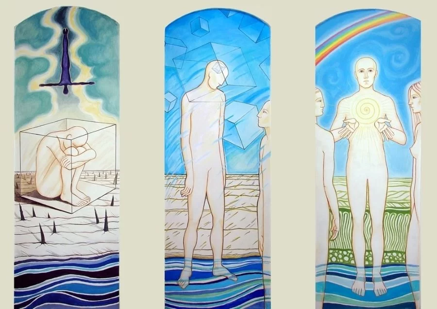 Triptic ”Eliberare”, pictat în vechea clădire a Crucii Albastre de către un fost pacient. Foto: Arhiva Dr. Holger Lux